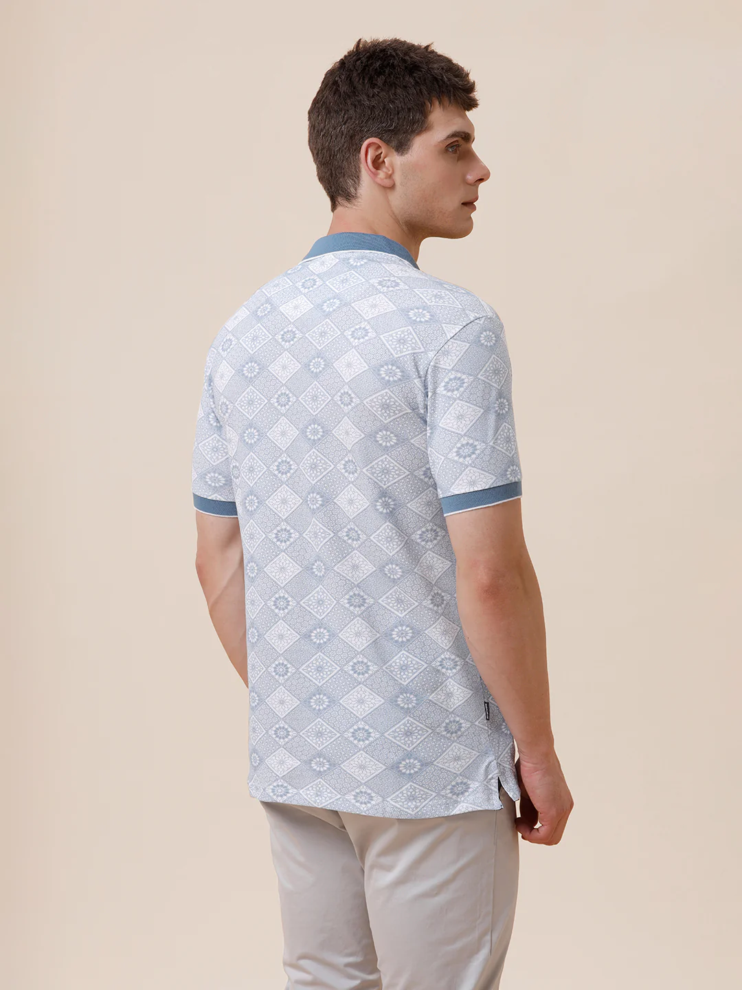 Geometric Printed Polo With Contrast Rib In Vinatge  Indigo