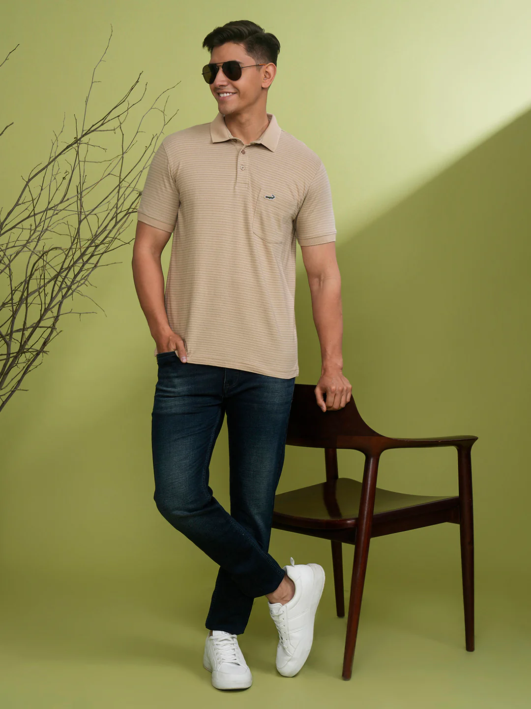 Solid Self Texture Polo T-Shirt in Beige with Pocket