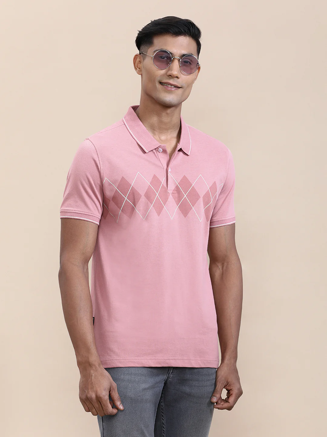 Chest Diamond Panel Print Slim Fit Polo Pink