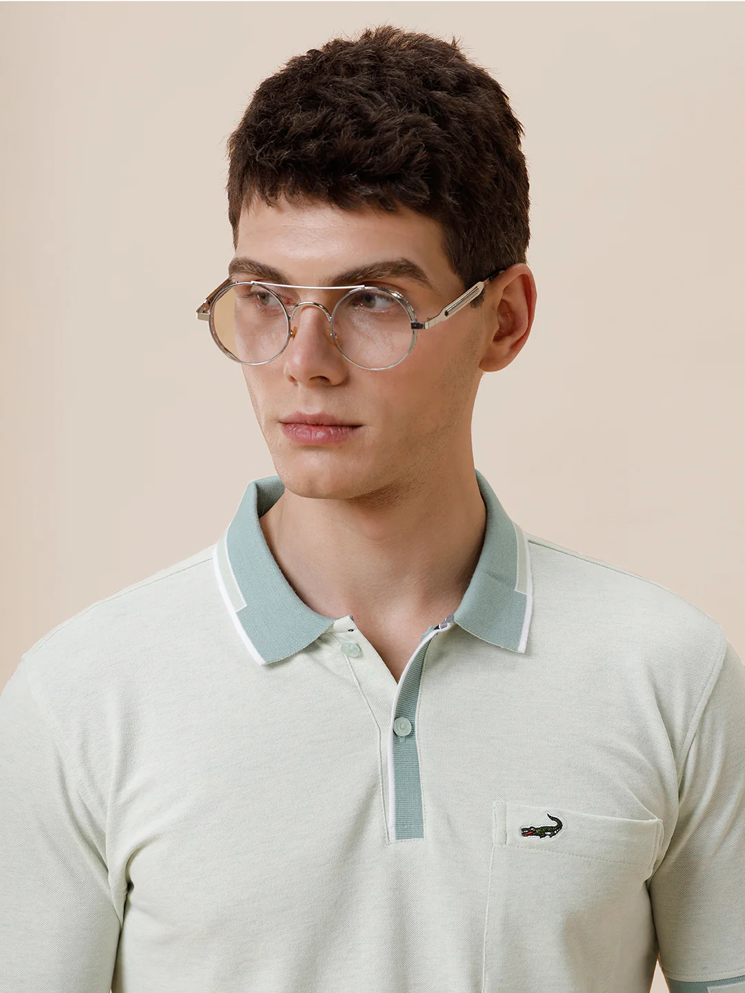 Melange Solid Polo Tshirt With Plated Collar & Cuff In Green Melange