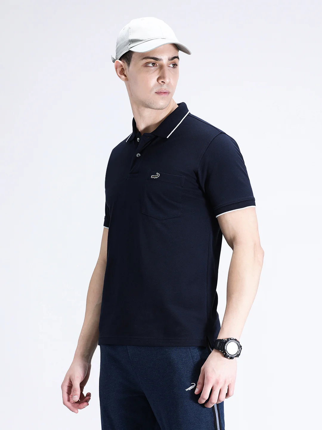 Casual Navy Solid Polo T-Shirt with Pocket