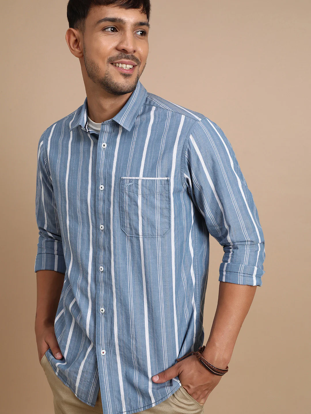 Blue Casual Striped Full Sleeve 100% Cotton Shirt