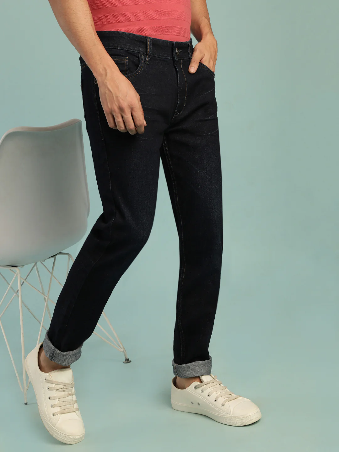 Indigo Blue Solid Mid Rise Slim Fit Jean