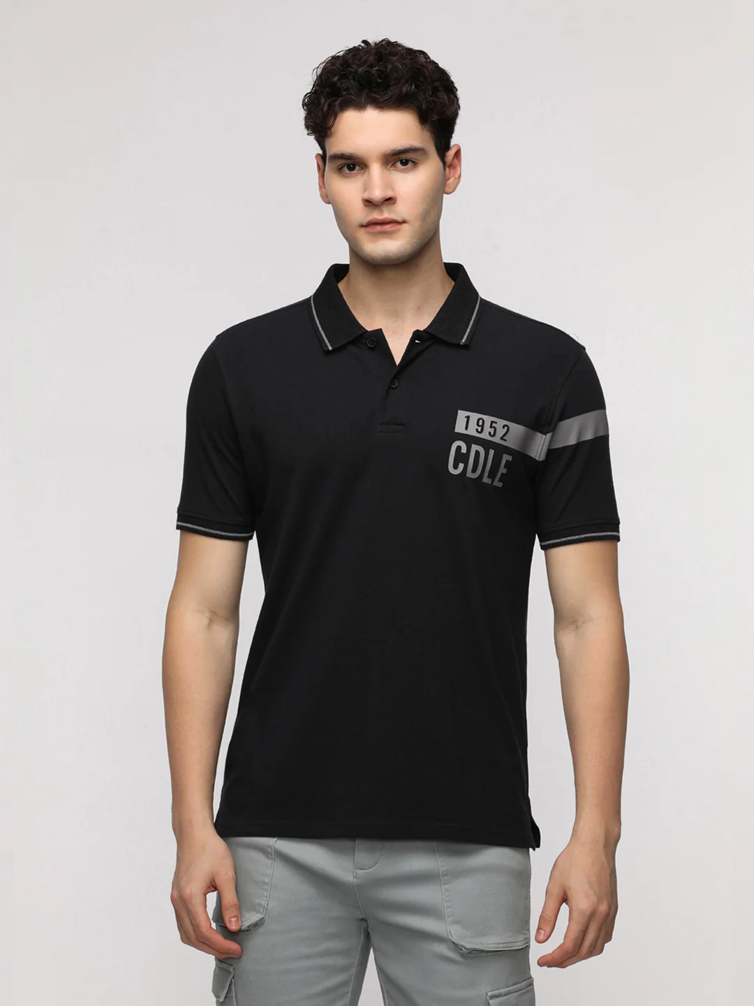 Placement Stripe Printed Polo T-Shirt in Jet Black
