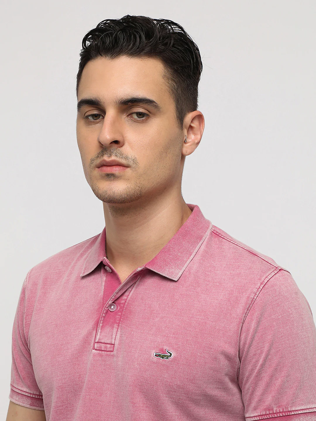 Acid Washed Solid Polo T-Shirt in Baby Pink