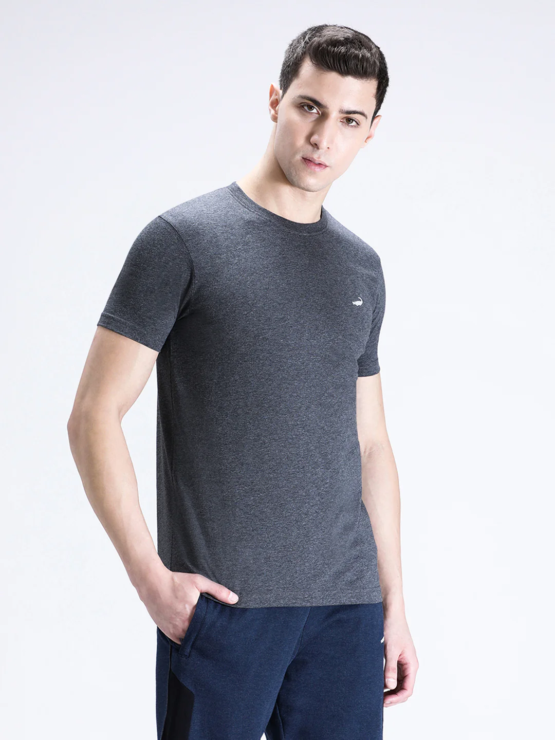 Charcoal Melange Grey Casual Solid T-Shirt