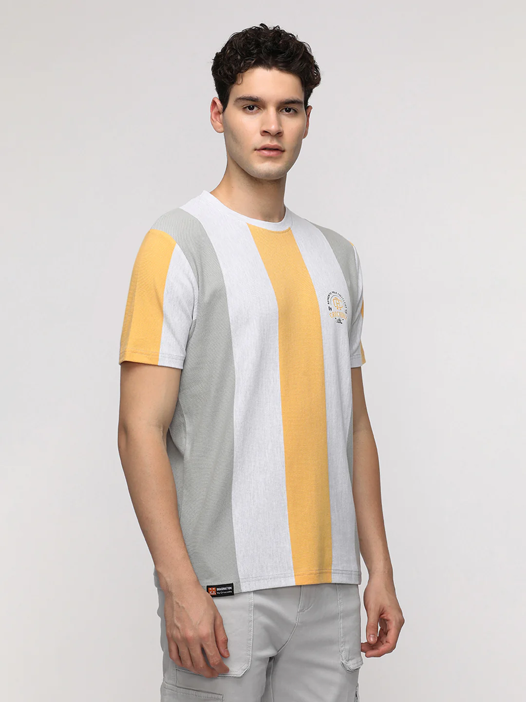 Vertical Stripe with Chest Print T-Shirt in White