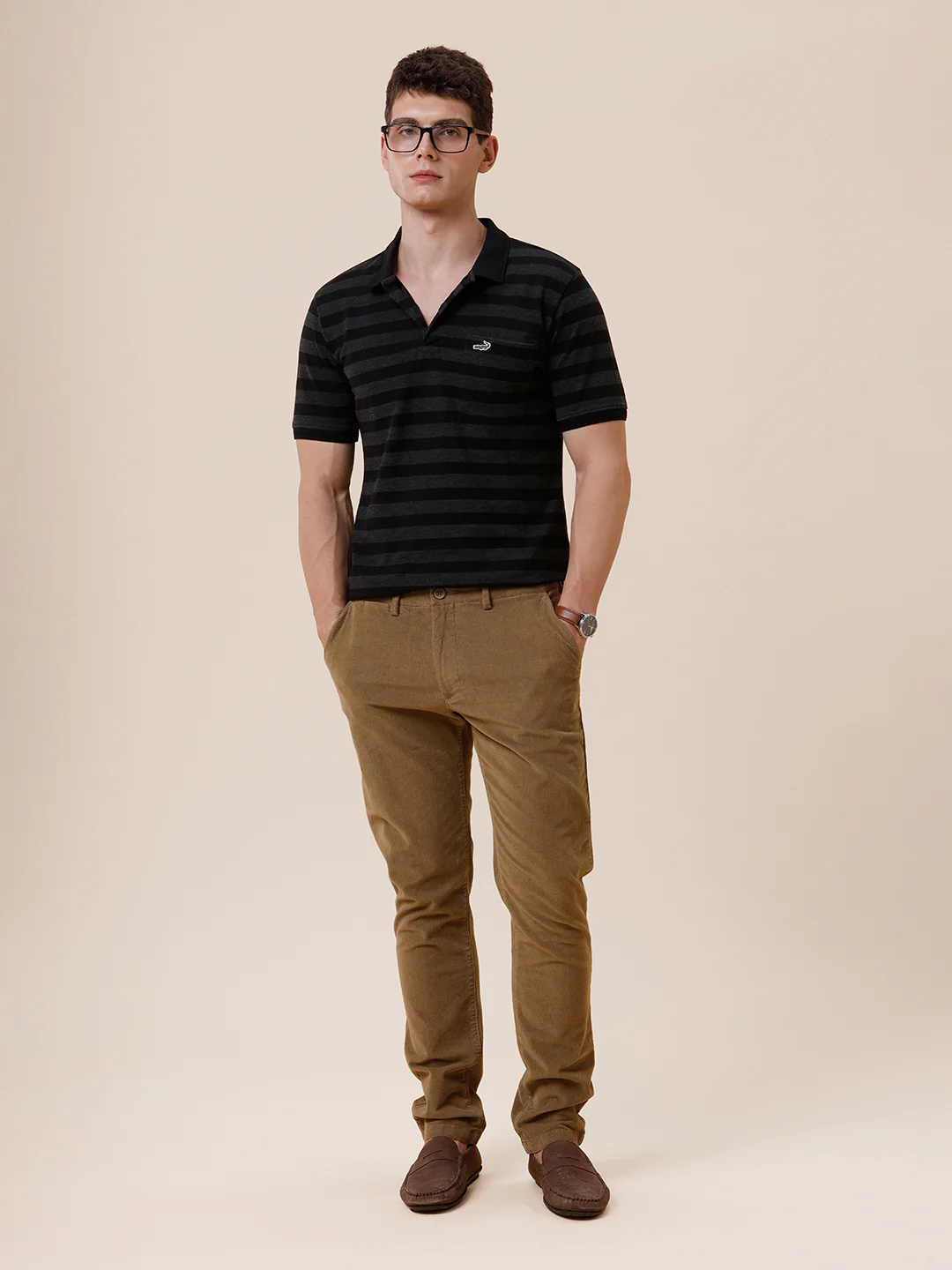 Tonal Melange 1X1 Striped Polo T-Shirt In Charcoal