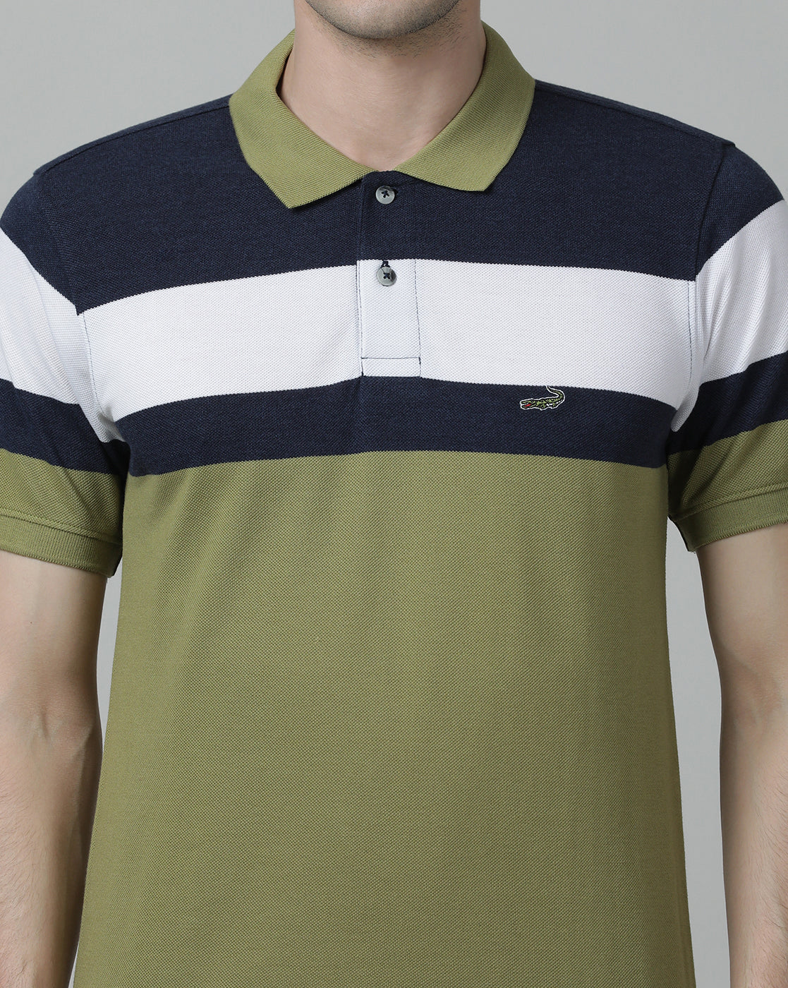 Striped Olive Green Casual Polo T-Shirt
