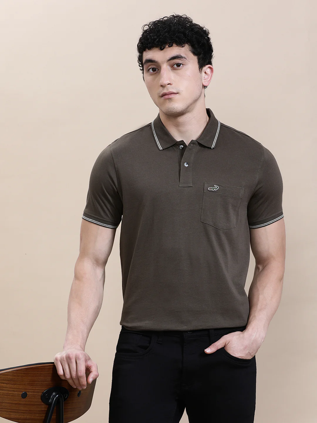 Dark Olive Green Solid Polo T-Shirt with Pocket