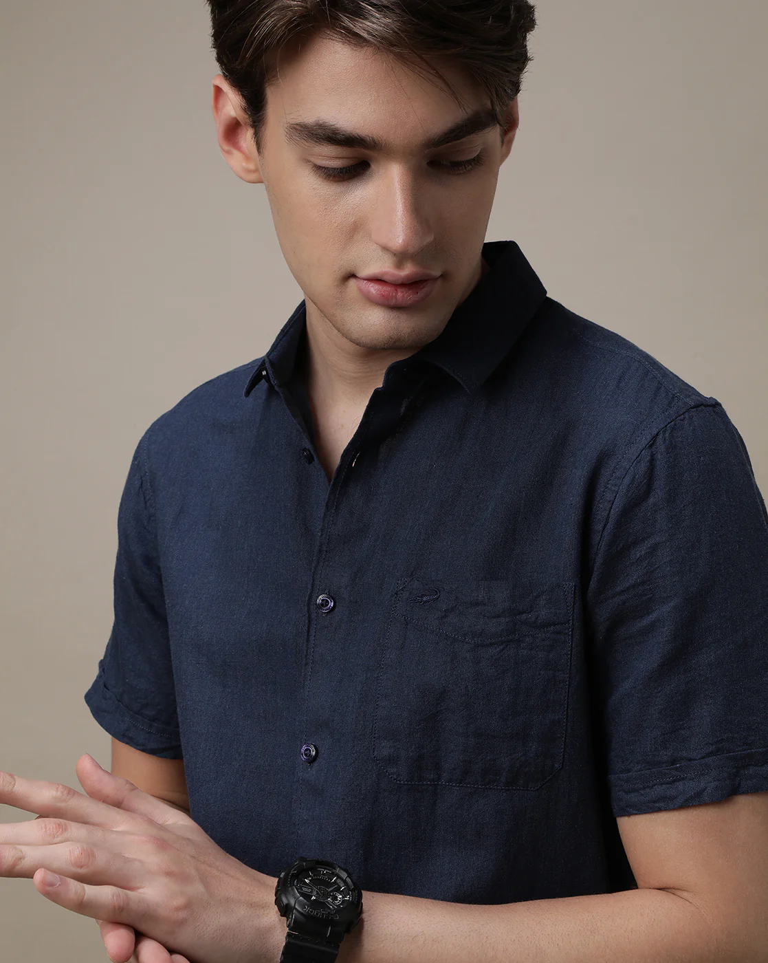 Navy Solid Half Sleeve Linen Shirt