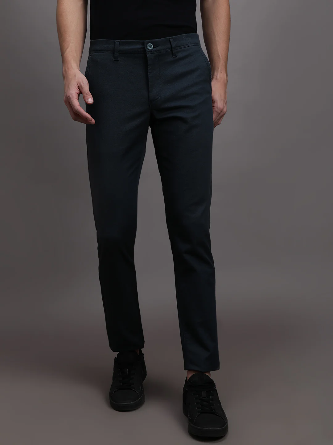 Dark Teal Green Solid Slim Fit Casual Trouser