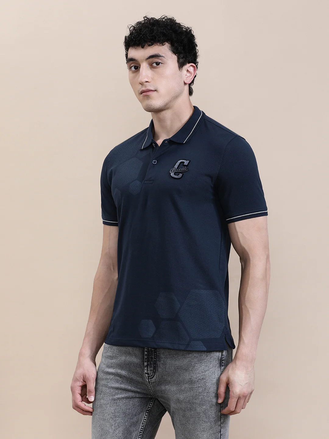 Chenille Embroidery Lycra Slim Fit Polo Navy