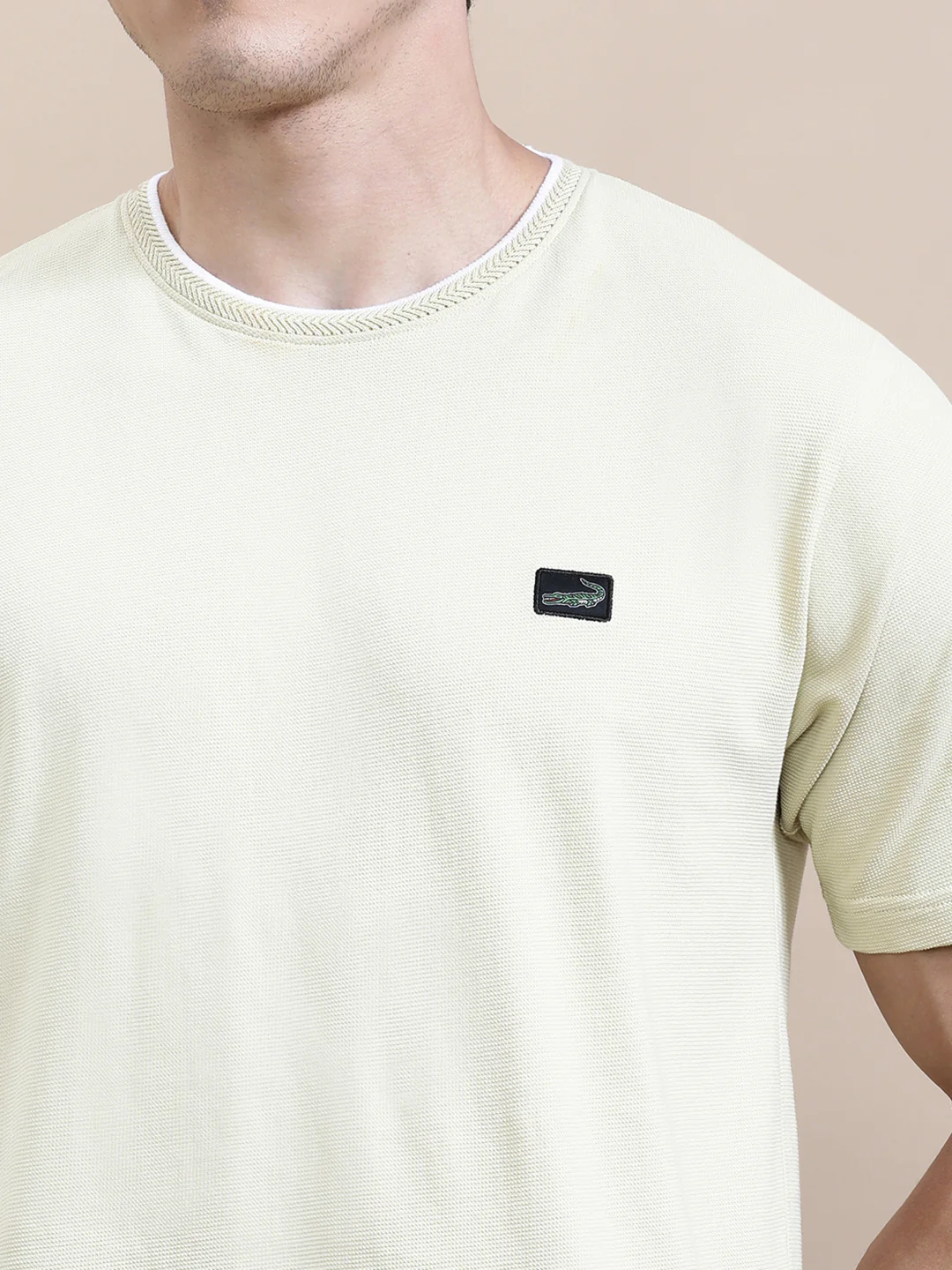 Cream Self-Structured Slim Fit T-Shirt