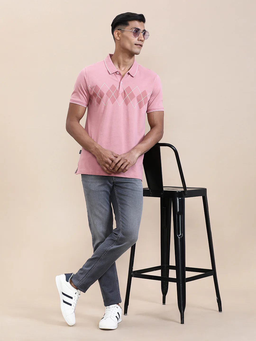 Chest Diamond Panel Print Slim Fit Polo Pink