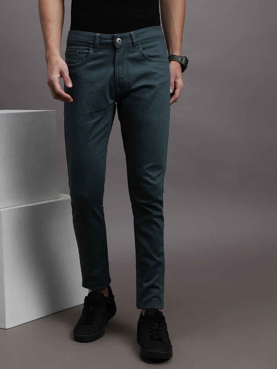 Teal Green Solid Mid Rise Slim Fit Jean
