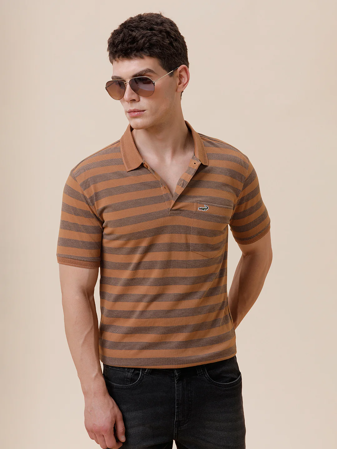 Tonal Melange 1X1 Striped Polo T-Shirt In Mustard