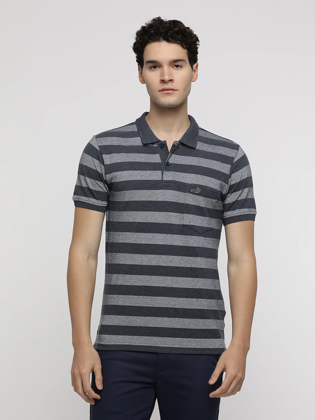 Denim Melange Birdseye Striped Polo T-Shirt