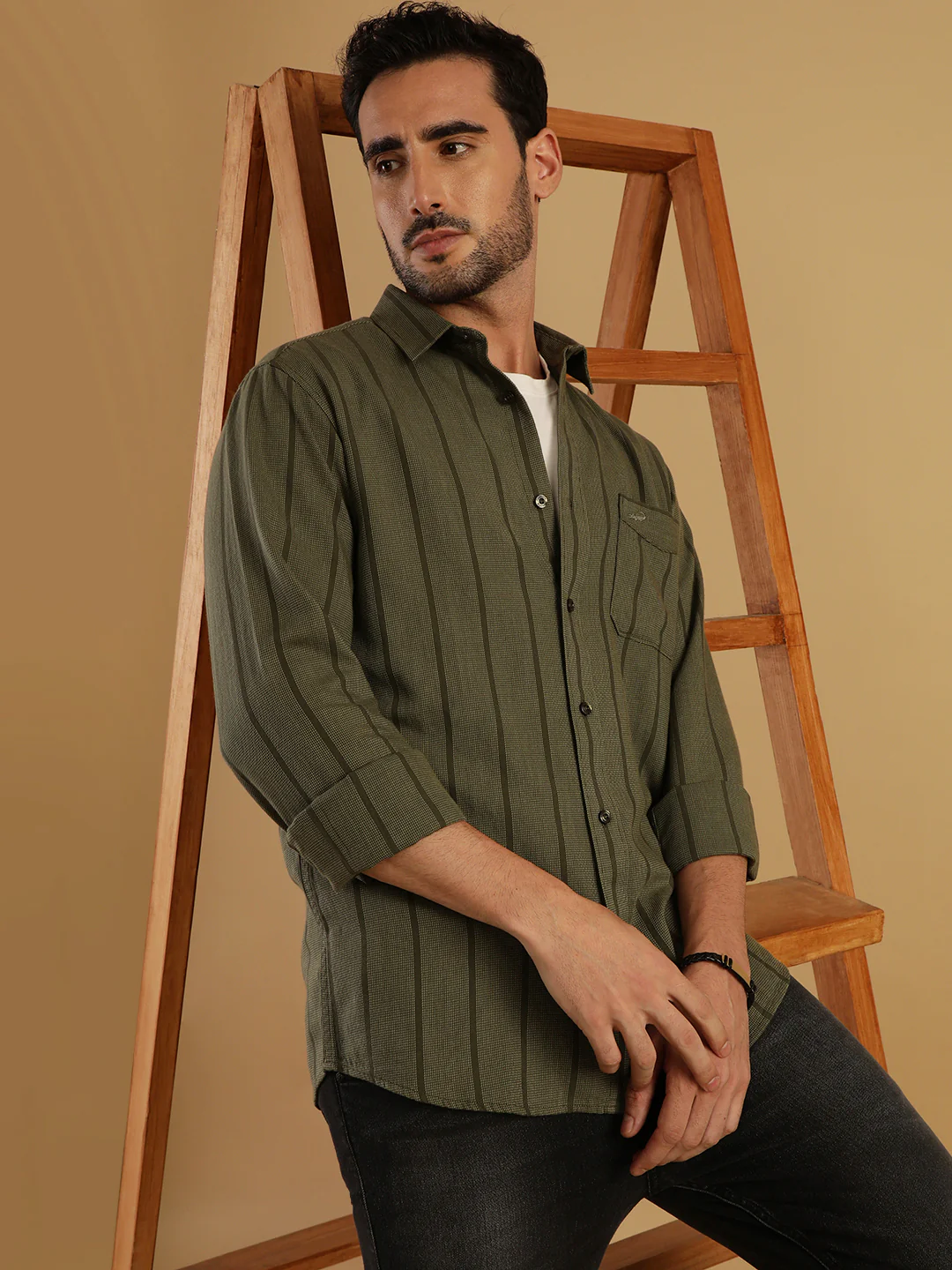 Green Striped Full Sleeve 100% Cotton Shirt