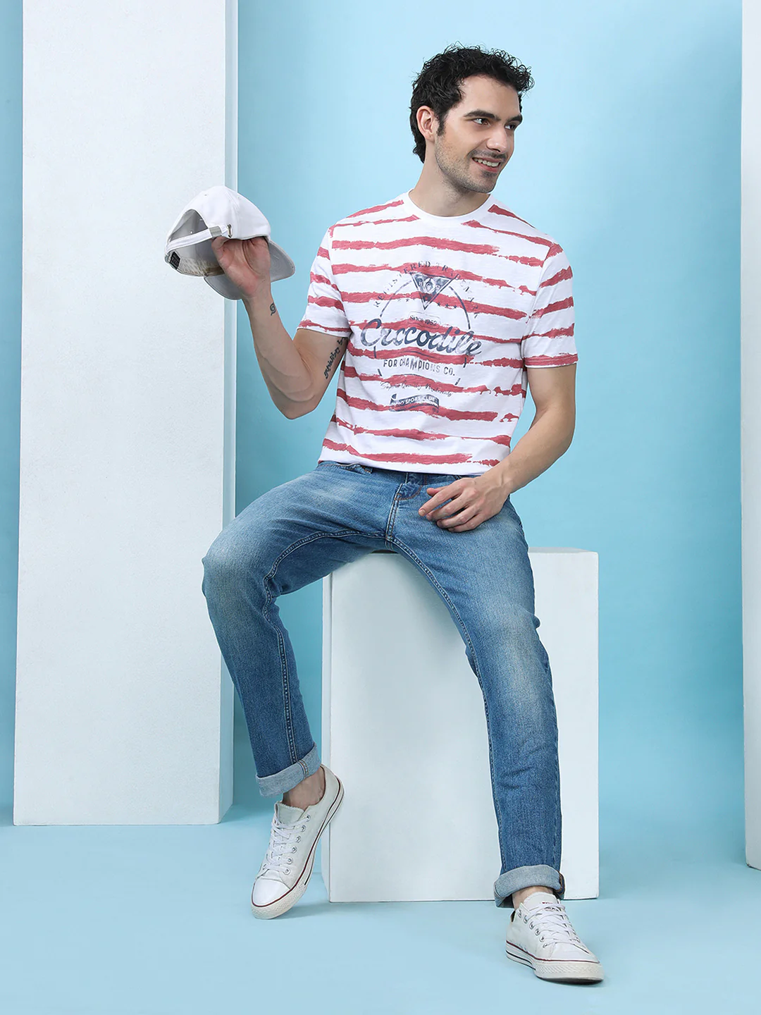 Red and White Striped Casual T-Shirt