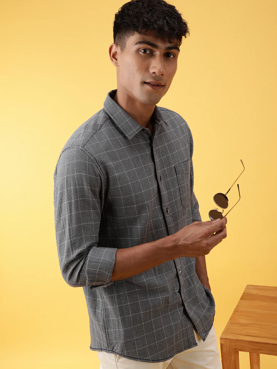 Casual Grey Checked Full Sleeve 100% Cotton Shirt