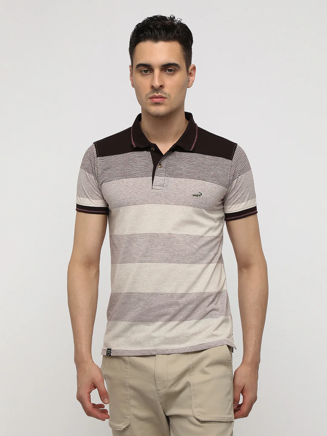 Engineered Striped Oyster White Slim T-Shirt with Cotton Poly Blend