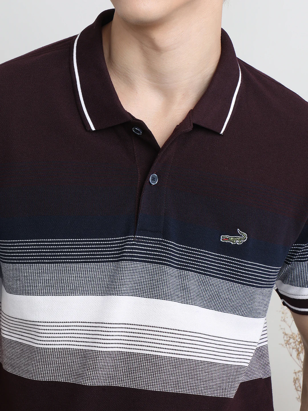 Striped Half Sleeve Casual Brown Polo T-Shirt