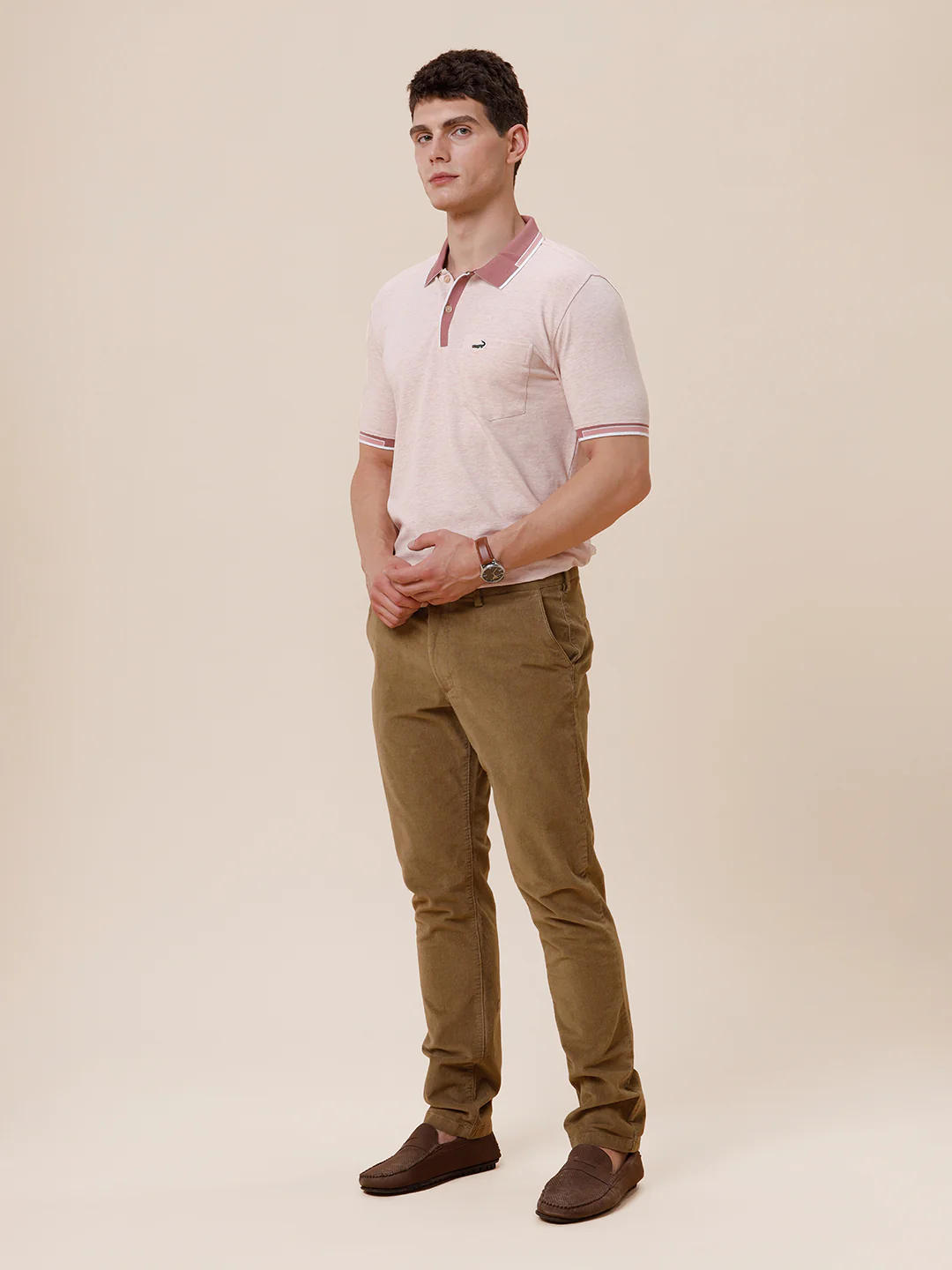 Melange Solid Polo Tshirt With Plated Collar & Cuff In Rose Melange