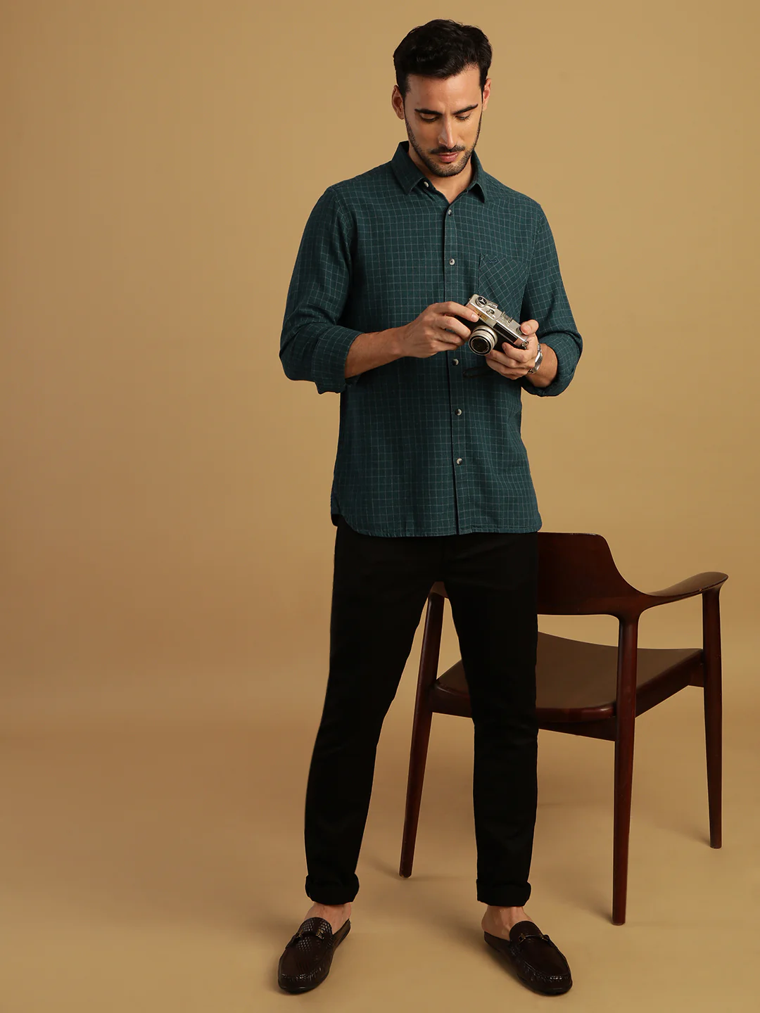 Teal Blue Checked Full Sleeve 100% Cotton Shirt