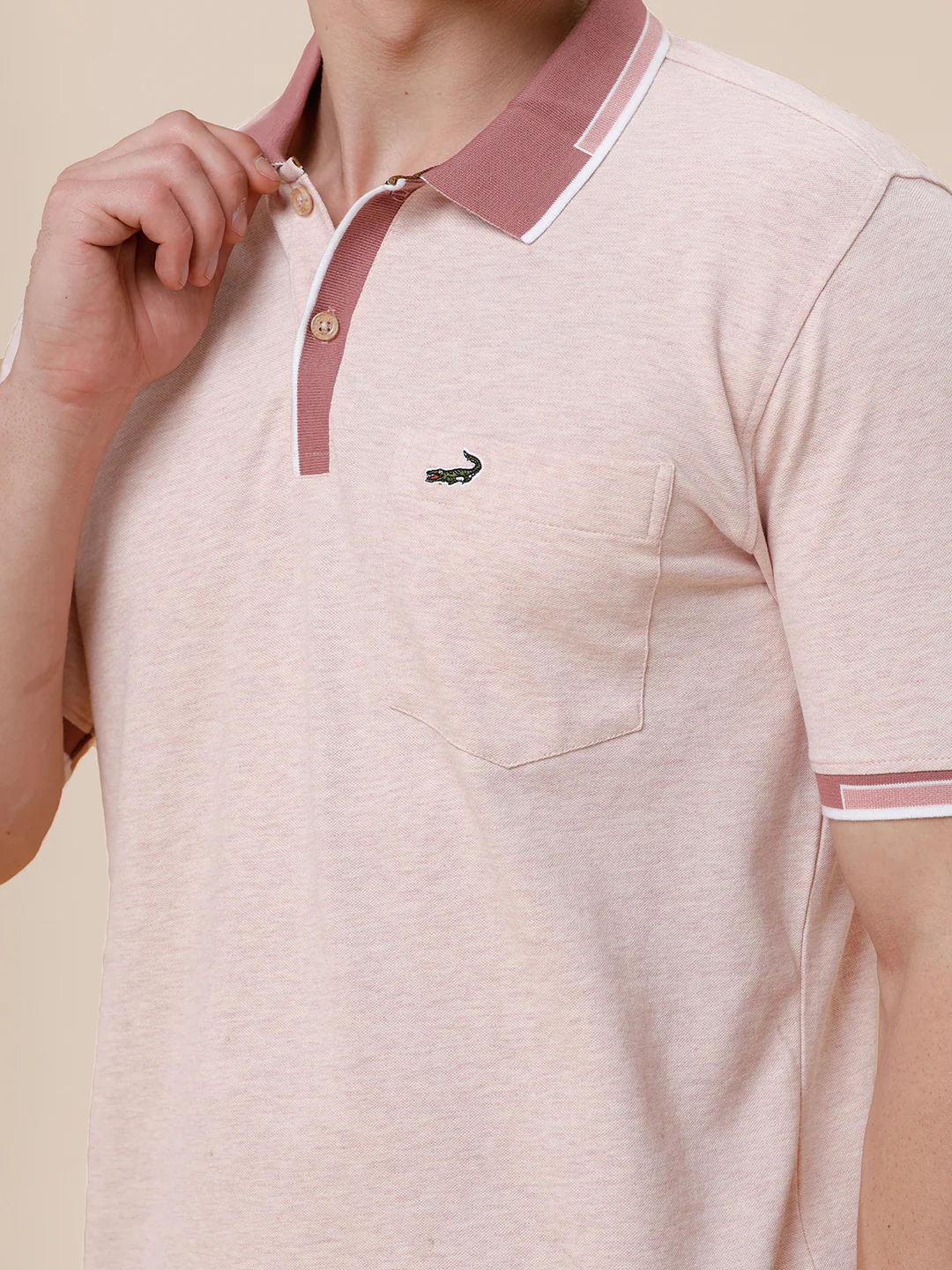 Melange Solid Polo Tshirt With Plated Collar & Cuff In Rose Melange