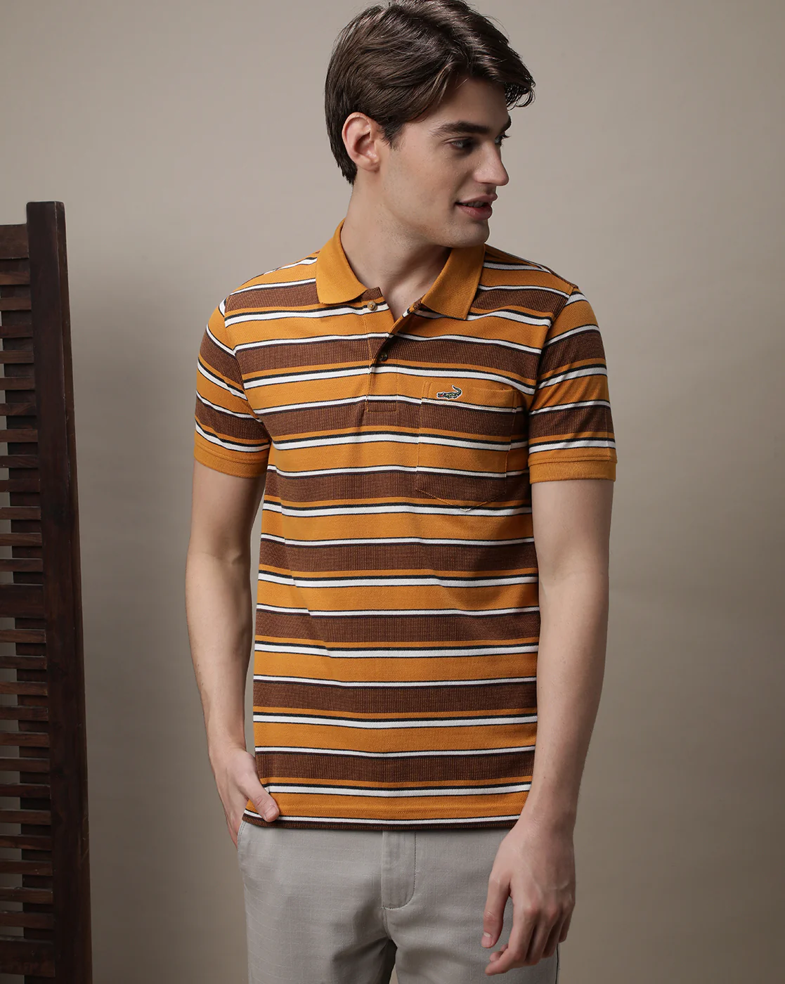 Slim Fit Polo in Striped Brown