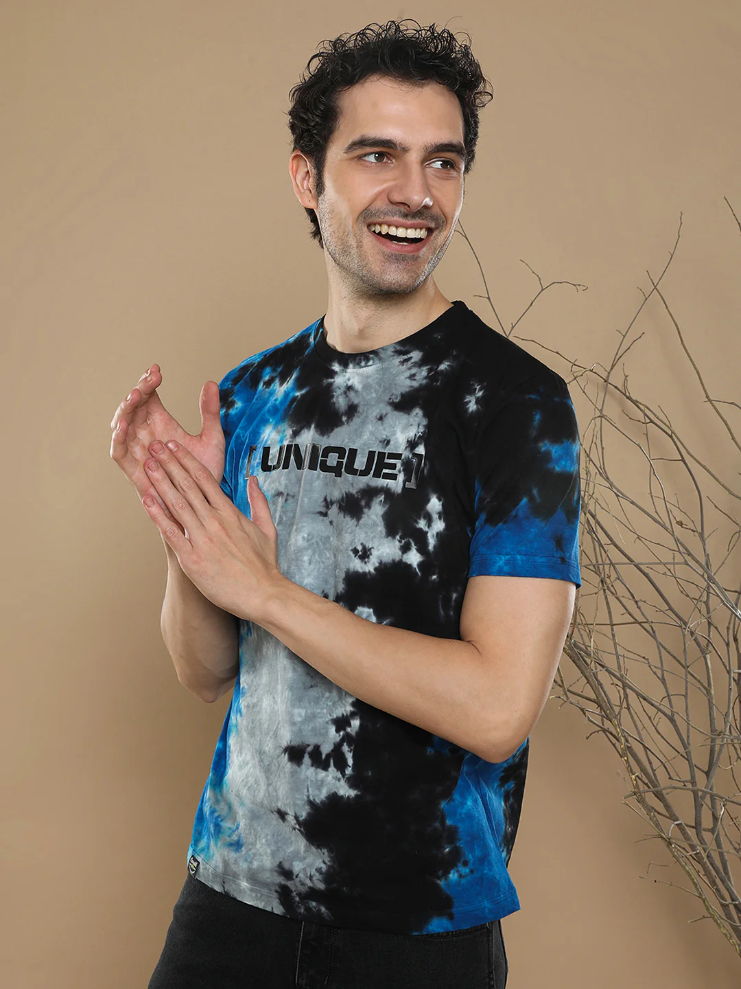 Tie Dye Asymetric T-Shirt With Chest Print In Royal Blue