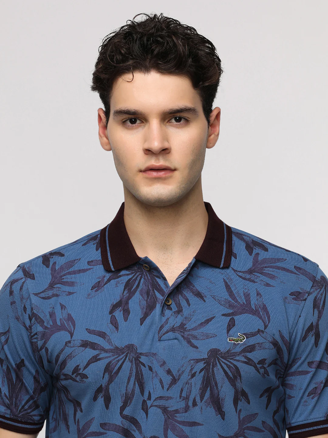 Abstract Tropical Leaf Printed Polo T-Shirt in Blue