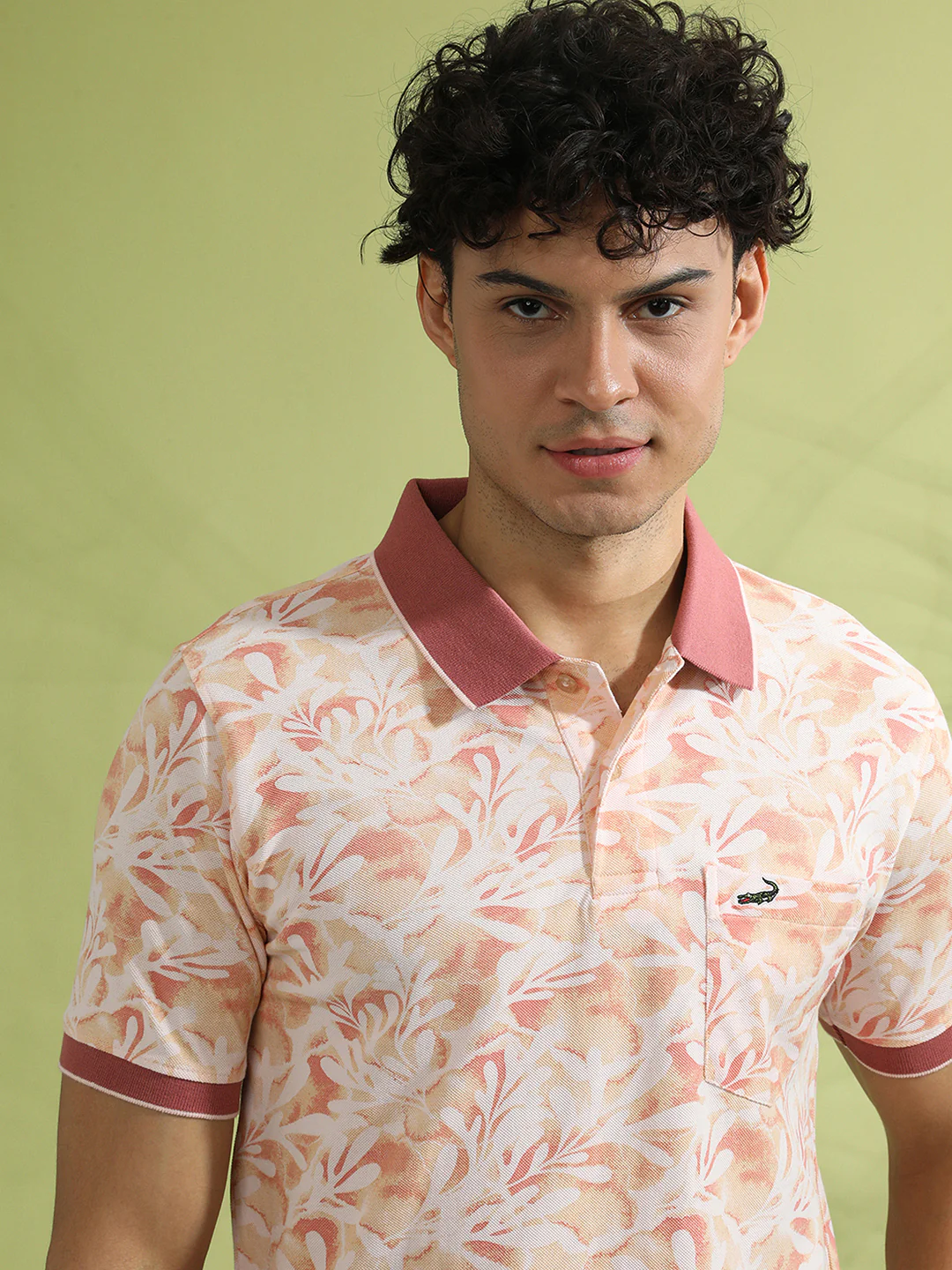 Watercolour Floral Print Polo Shirt In Coral