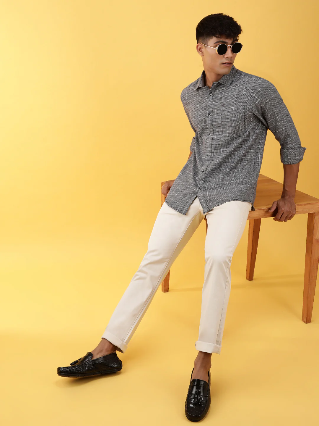 Casual Grey Checked Full Sleeve 100% Cotton Shirt