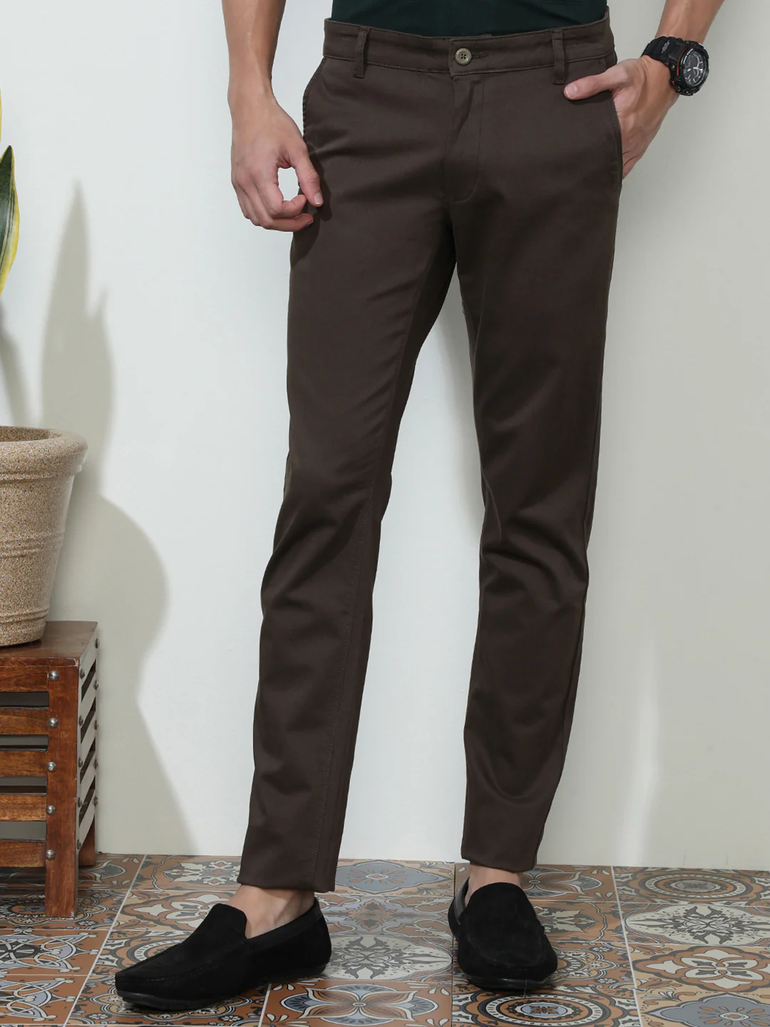 Solid Brown Casual Trouser