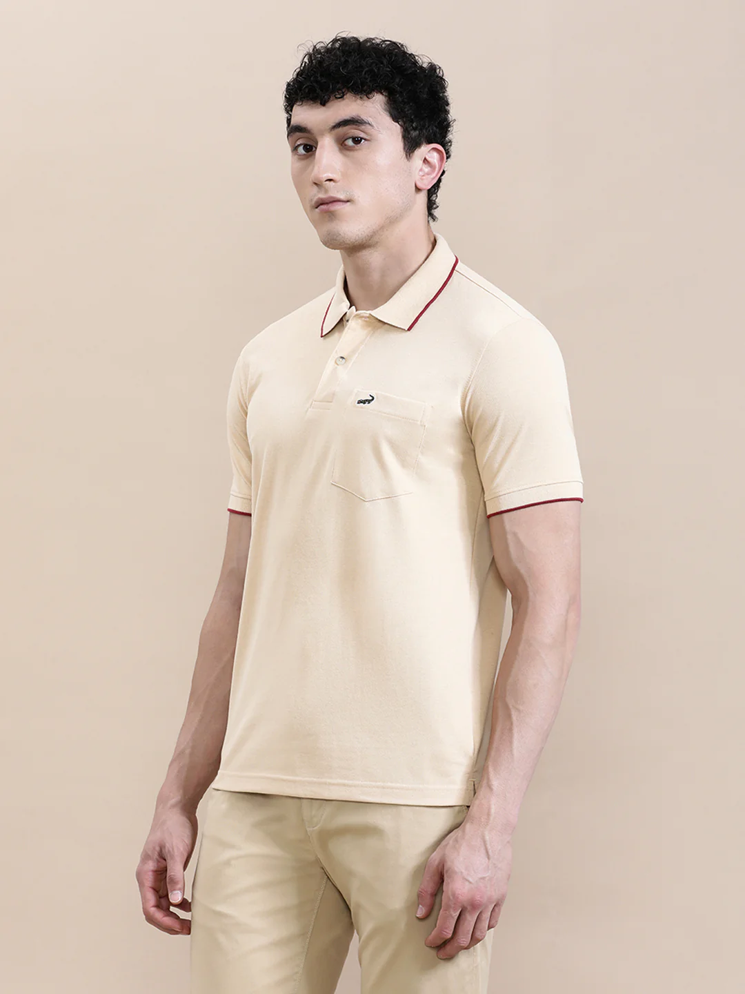 Oat Milk Beige Solid Polo T-Shirt with Pocket