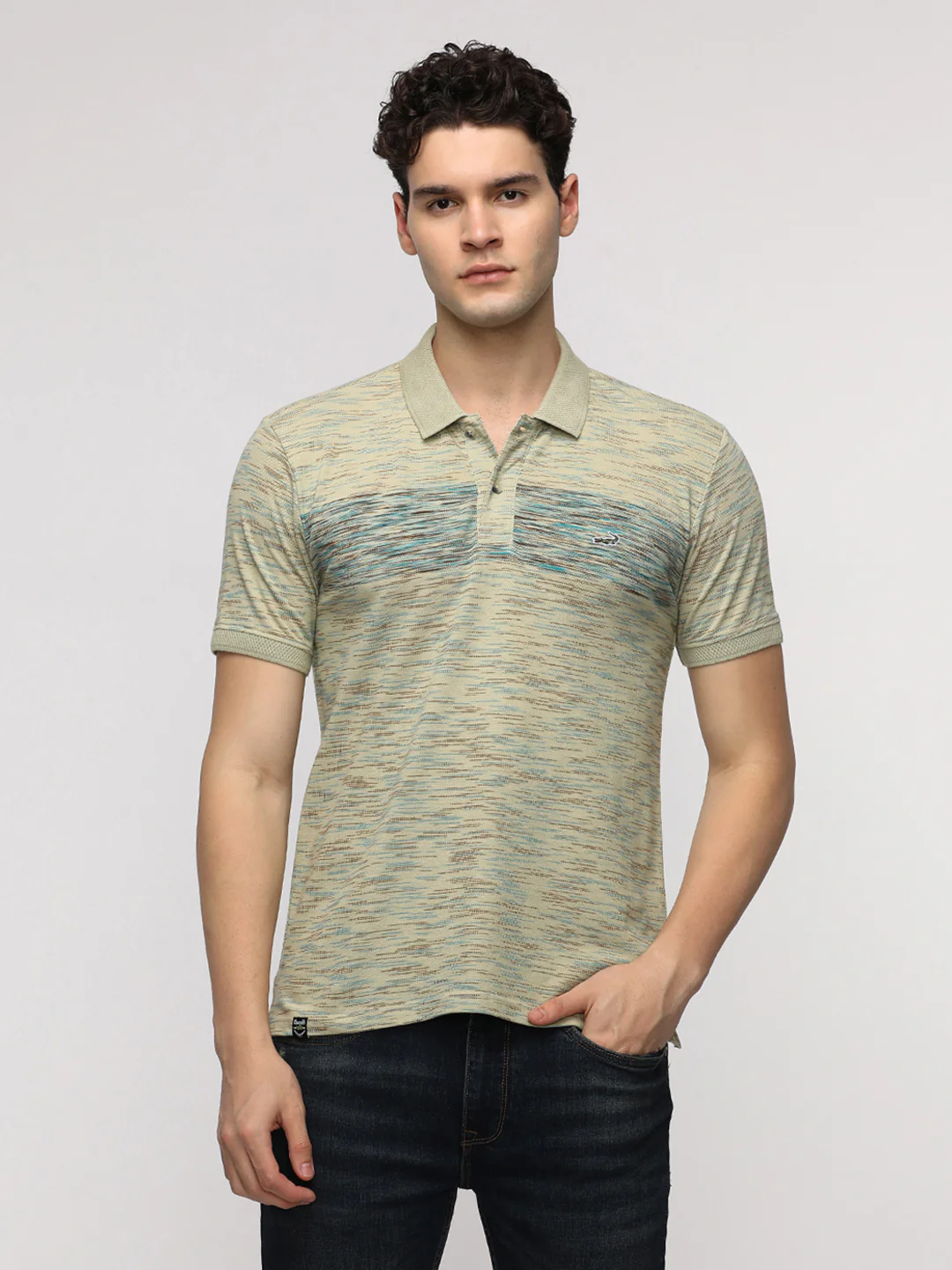 Engineered Striped Light Beige Slim T-Shirt with Cotton Poly Blend