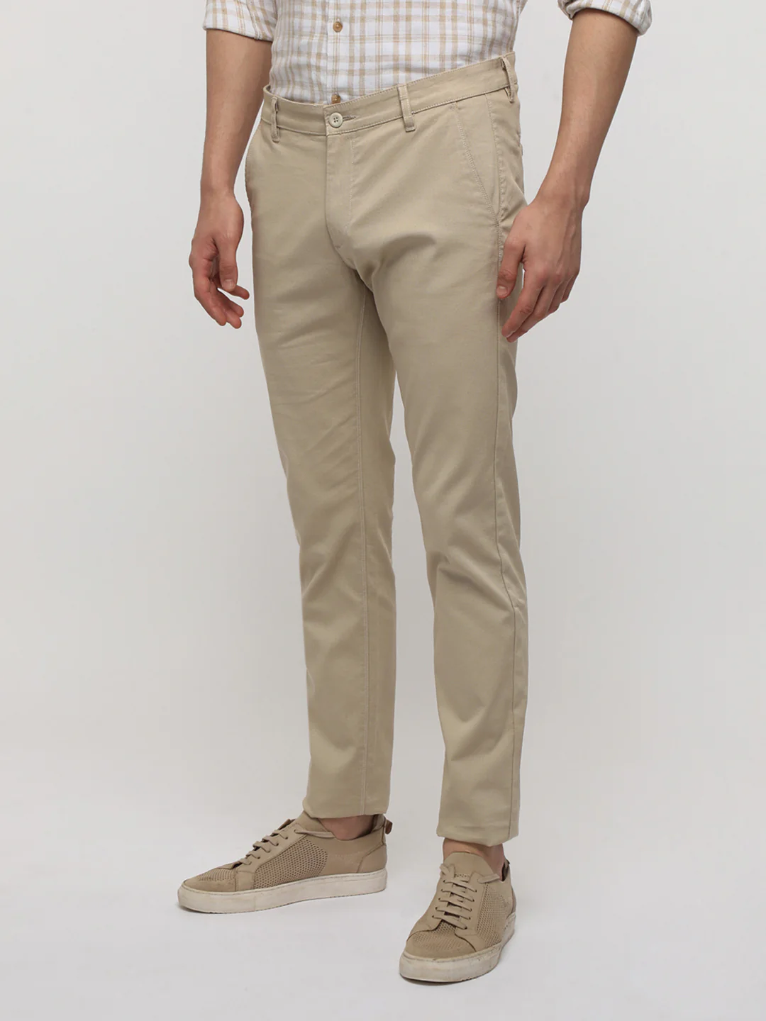 Beige Cotton Textured Stretch Trouser