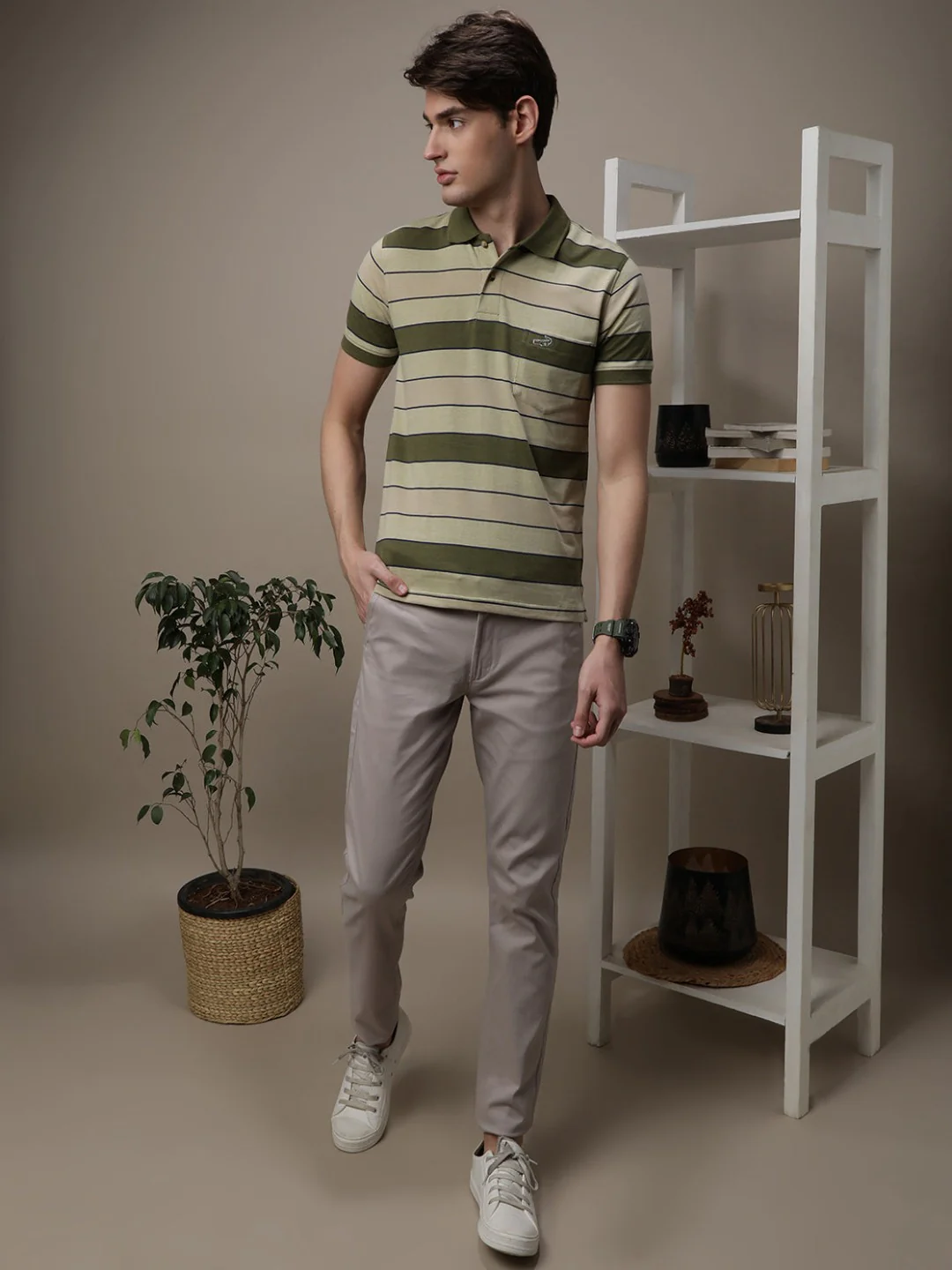 Casual Striped Green Polo T-Shirt