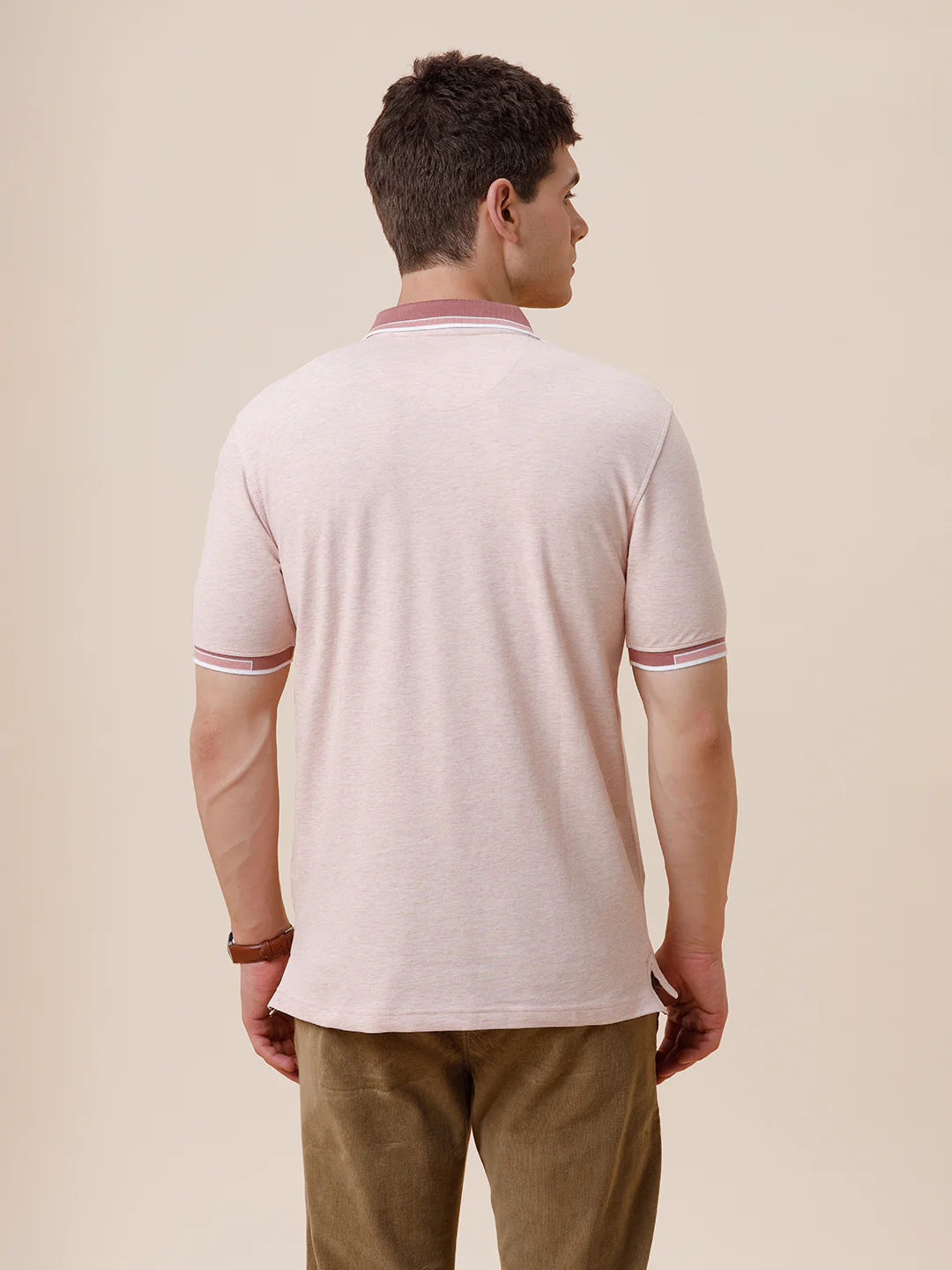 Melange Solid Polo Tshirt With Plated Collar & Cuff In Rose Melange