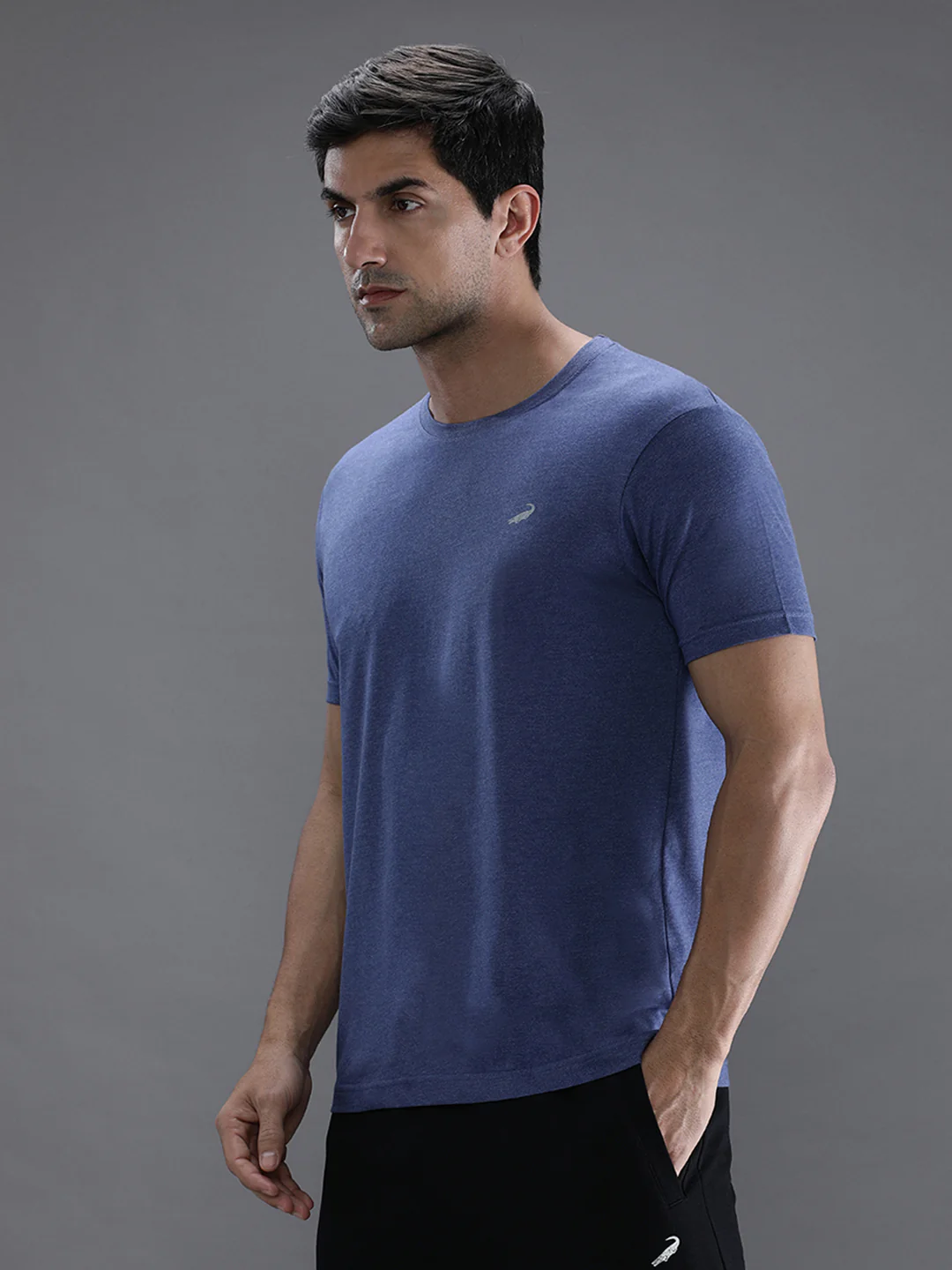 Blue Melange Solid Casual T-Shirt