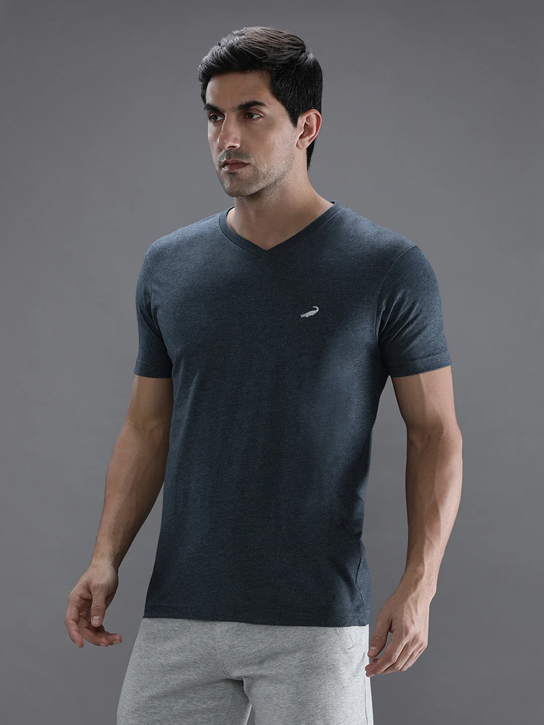 Denim Melange Blue Solid Casual T-Shirt