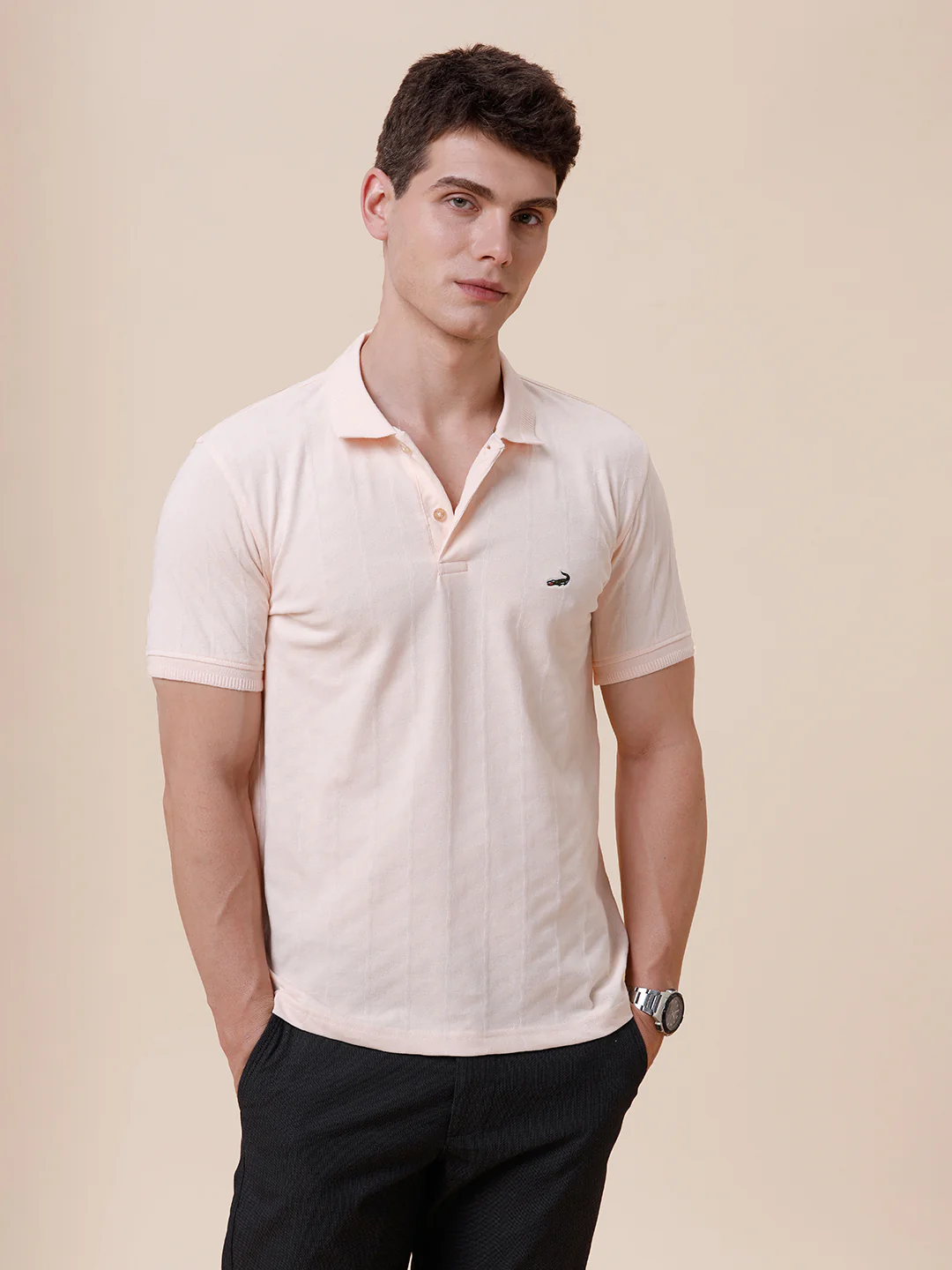 Tonal Cross Self Textured Polo Tshirt In Peach