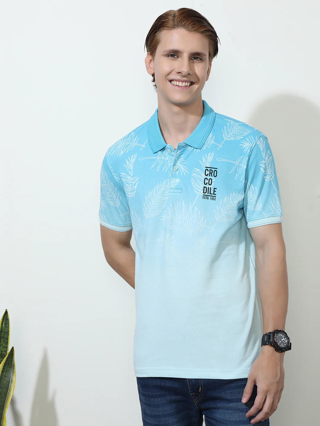 Printed Blue Half Sleeve Casual Polo T-Shirt