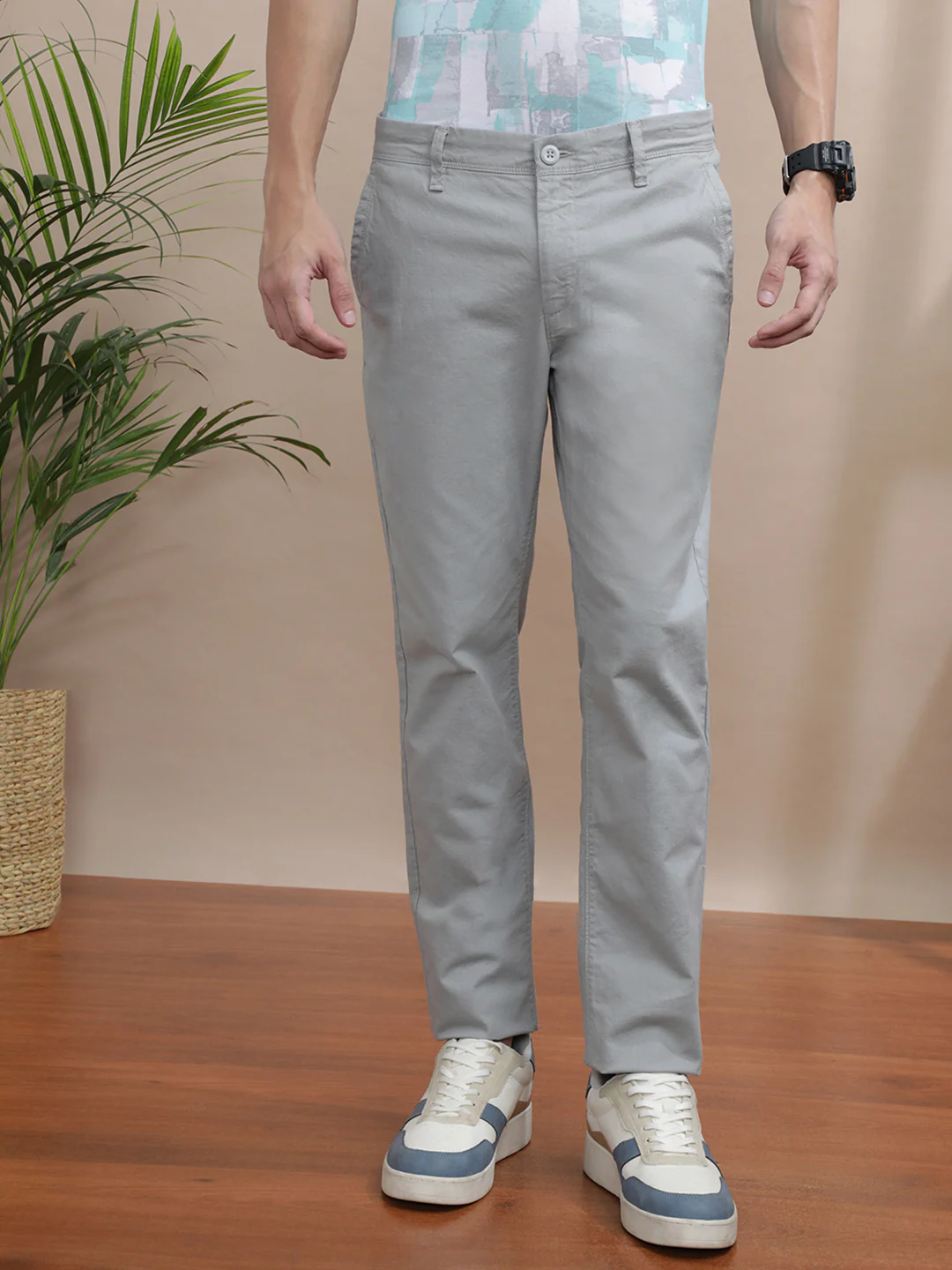 Grey Solid Casual Trouser