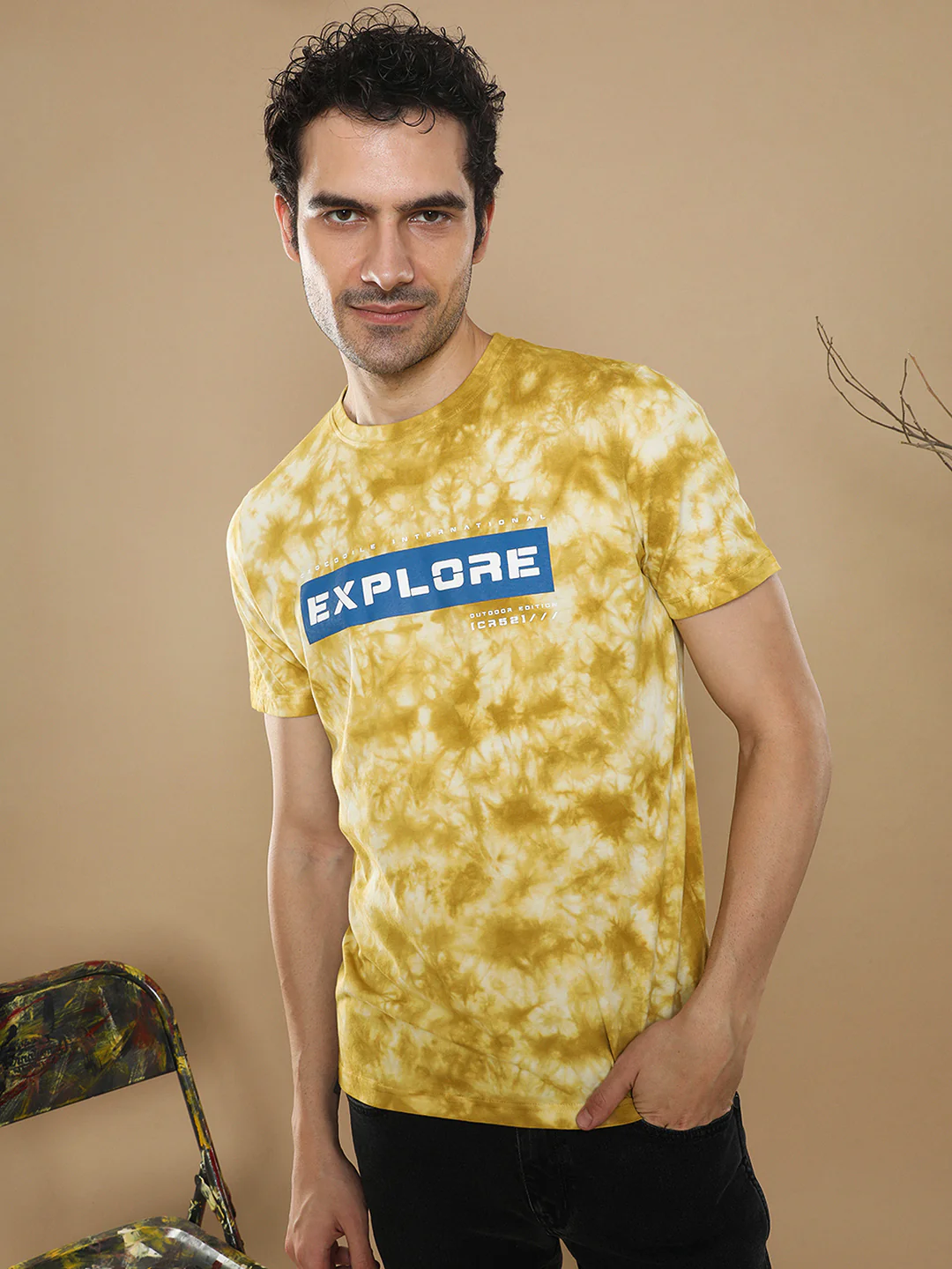 Tie Dye T-Shirt With Chest Print In Lime Green