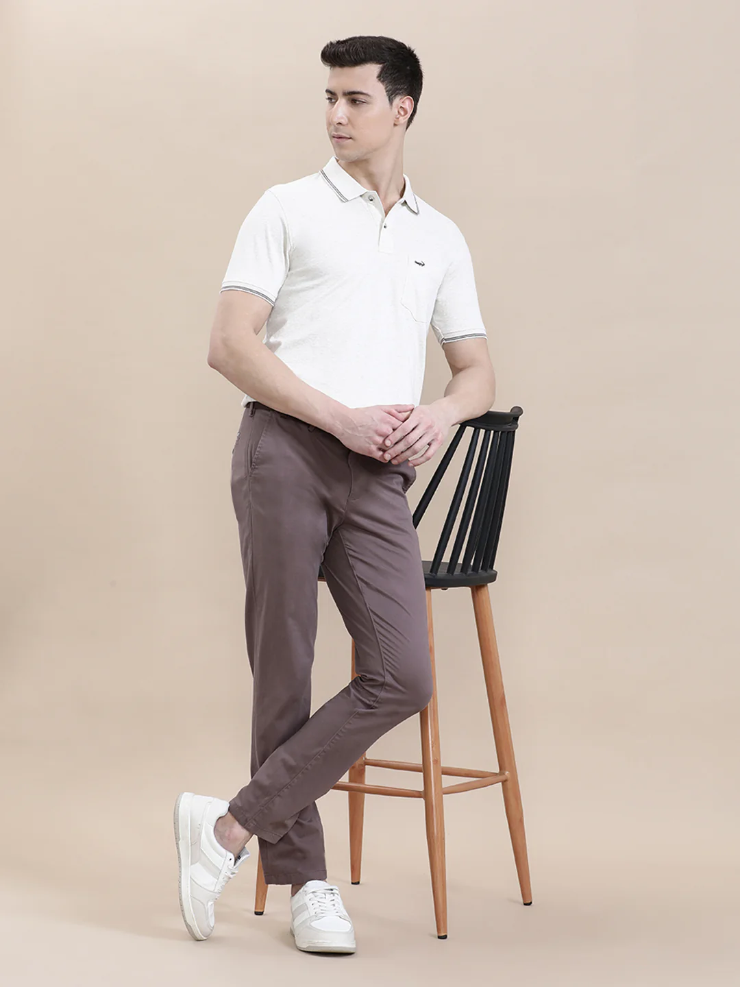 Beige Solid Casual Polo T-Shirt with Pocket