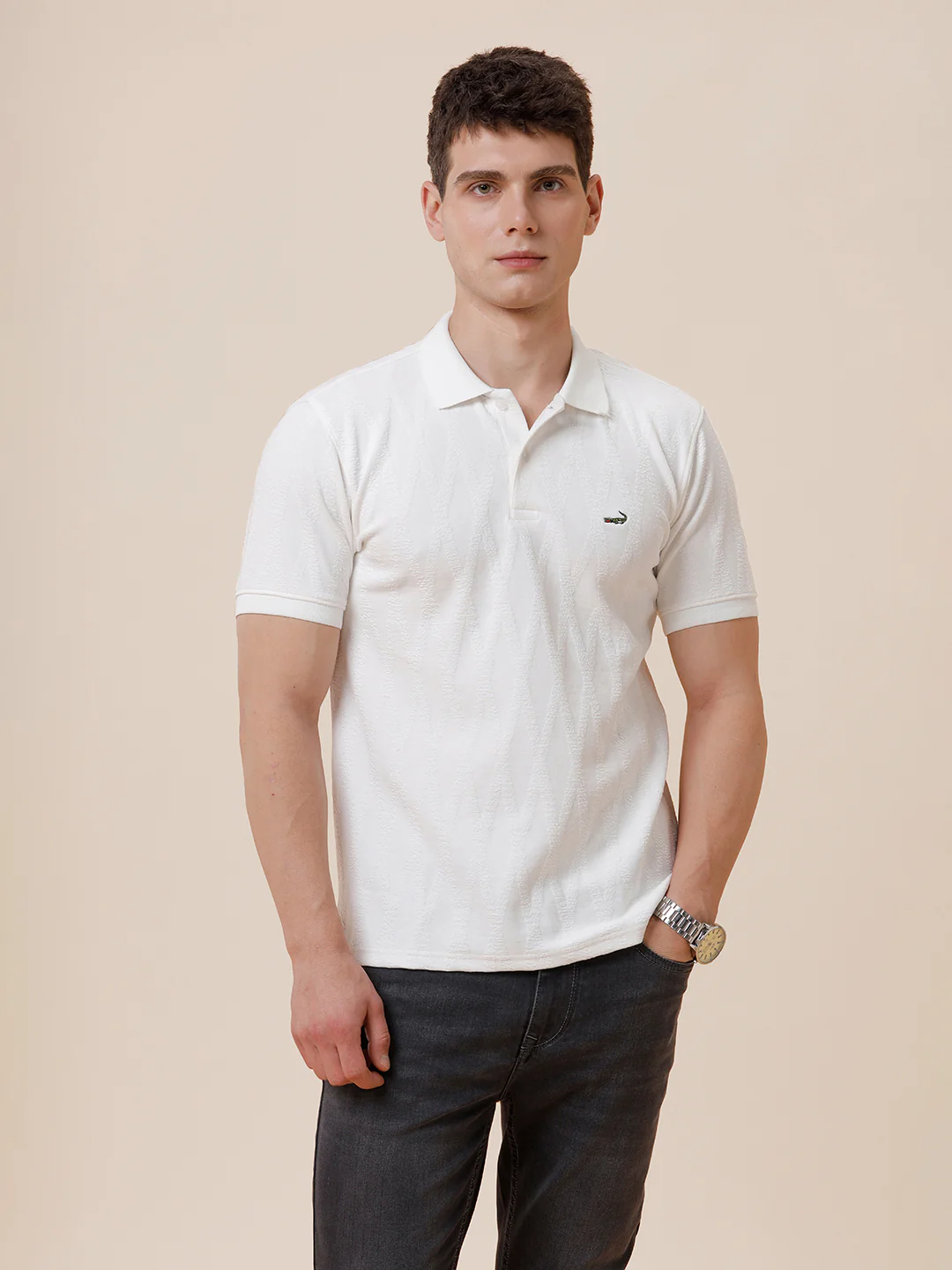 Bold Geometric Jaquard Polo Tshirt In White