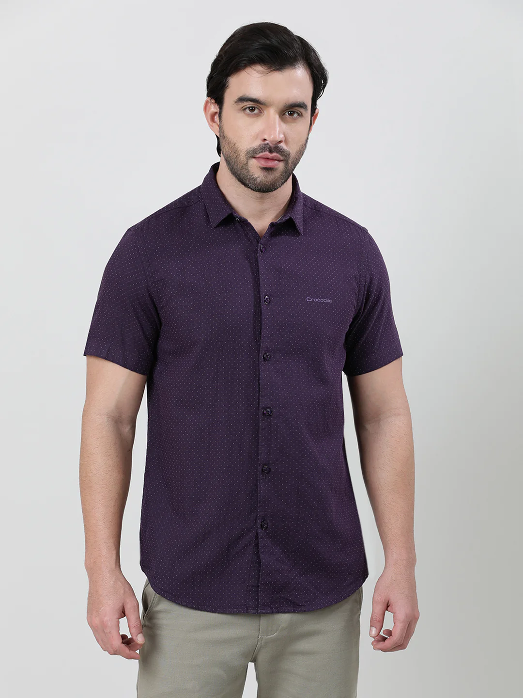 Wine Brown Printed Half Sleeve 100% Cotton Shirt